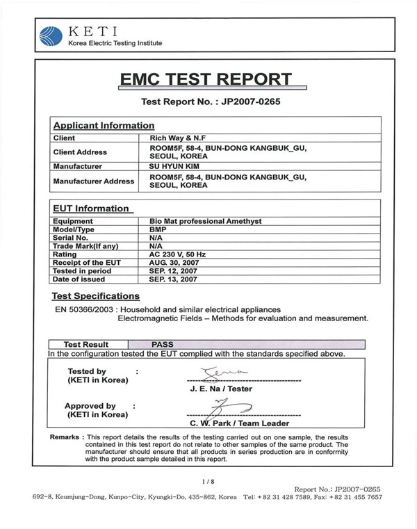 picture of certificate of electro magnetic field test on Bio-mat Professional